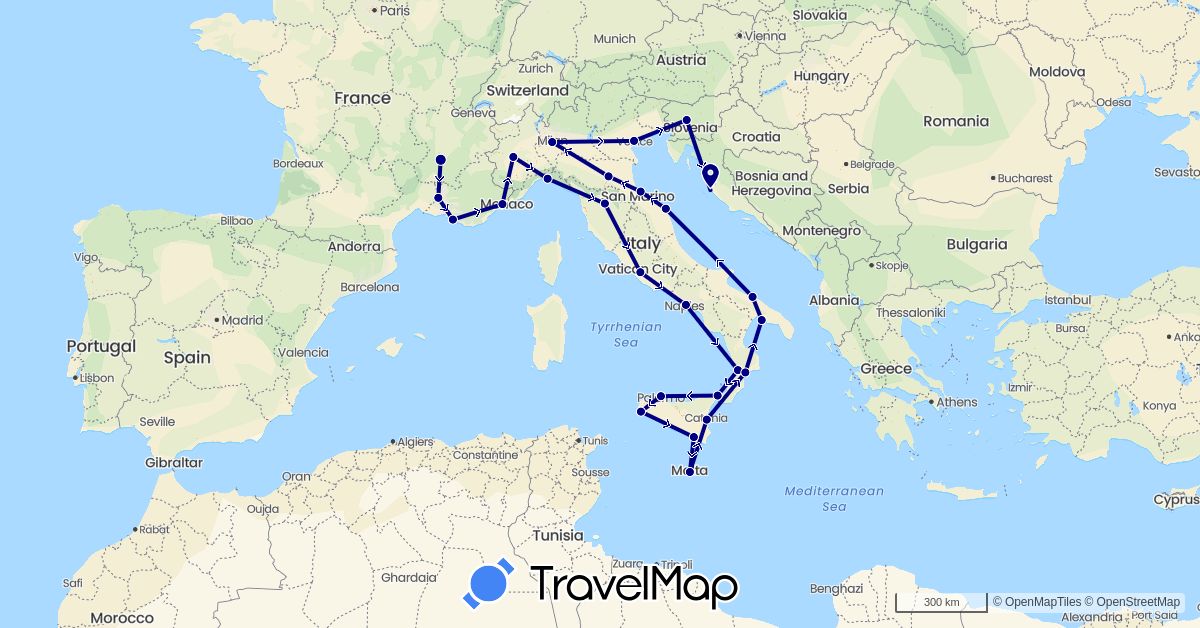 TravelMap itinerary: driving in France, Croatia, Italy, Malta, Slovenia (Europe)